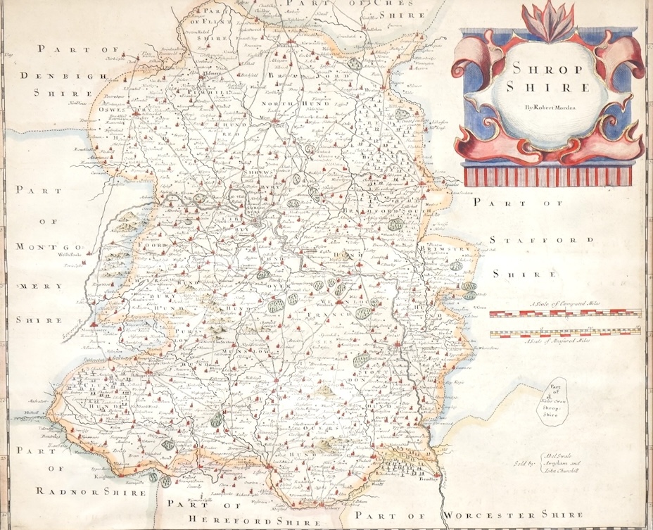 Robert Morden (1650-1703), hand coloured engraved map of Shropshire, sold by Abel Swale Awnsham and John Churchill, 34 x 42cm